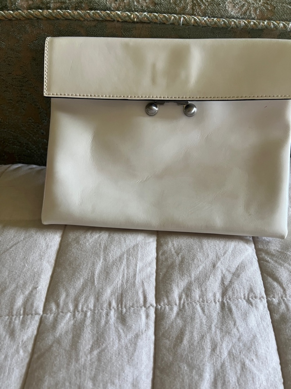 Worth Cream Fold-Over Leather Clutch with Kiss-Lock Closure